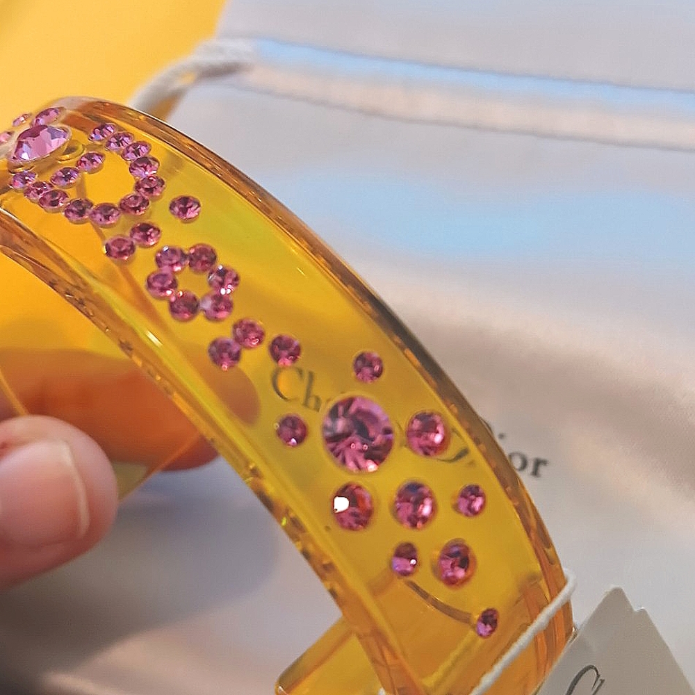 💛 Christian Dior Yellow Acrylic Cuff Bracelet w/Pink Rhinestones NWT! - Picture 11 of 15